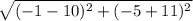 \sqrt{(-1-10)^2+(-5+11)^2}