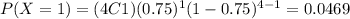 P(X=1)=(4C1)(0.75)^1 (1-0.75)^{4-1}=0.0469