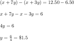 (x+7y)-(x+3y) =12.50-6.50\\\\x+7y-x-3y=6\\\\4y =6\\\\y= \frac{6}{4}=\$1.5