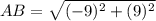 AB=\sqrt{(-9)^{2}+(9)^{2}}