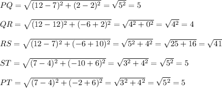 PQ=\sqrt{(12-7)^2+(2-2)^2}=\sqrt{5^2}=5\\\\ QR=\sqrt{(12-12)^2+(-6+2)^2}=\sqrt{4^2+0^2}=\sqrt{4^2}=4\\\\RS=\sqrt{(12-7)^2+(-6+10)^2}=\sqrt{5^2+4^2}=\sqrt{25+16}=\sqrt{41}\\\\ST=\sqrt{(7-4)^2+(-10+6)^2}=\sqrt{3^2+4^2}=\sqrt{5^2}=5\\\\PT=\sqrt{(7-4)^2+(-2+6)^2}=\sqrt{3^2+4^2}=\sqrt{5^2}=5