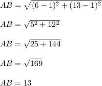 AB=\sqrt{(6-1)^2+(13-1)^2}\\\\AB=\sqrt{5^2+12^2}\\\\ AB=\sqrt{25+144}\\\\ AB=\sqrt{169}\\\\ AB=13