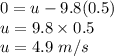 0=u-9.8(0.5)\\u=9.8\times 0.5\\u=4.9\ m/s