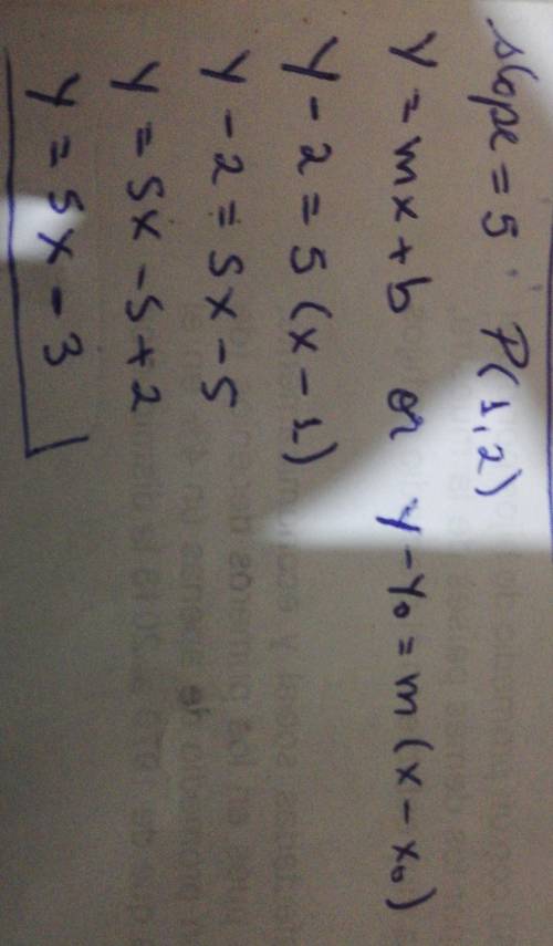 Determine the equation of the line with slope 5 that passes through the point m(1,2).