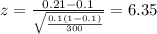 z=\frac{0.21 -0.1}{\sqrt{\frac{0.1(1-0.1)}{300}}}=6.35