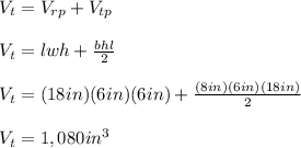 V_t=V_{rp}+V_{tp}\\\\V_t=lwh+\frac{bhl}{2}\\\\V_t=(18in)(6in)(6in)+\frac{(8in)(6in)(18in)}{2}\\\\V_t=1,080in^3