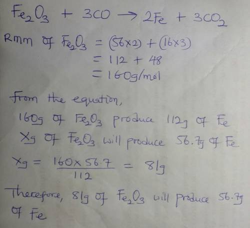 How many grams of fe2o3 of are needed to react with an excess of co to produce 56.7 g fe?  show your