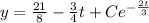 y = \frac{21}{8} -\frac{3}{4} t +Ce^{-\frac{2t}{3}}