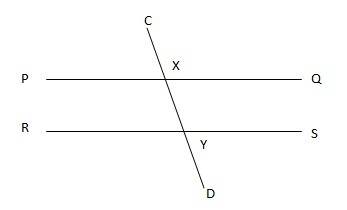 Transversal cd cuts parallel lines pq and rs at points x and y, respectively. points p and r lie on