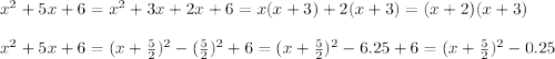x^2 + 5 x + 6 =x^2+ 3 x + 2 x+6=x(x+3)+2(x+3)= (x + 2)(x + 3)\\\\ x^2 + 5 x + 6 =(x+\frac{5}{2})^2-(\frac{5}{2})^2+6=(x+\frac{5}{2})^2-6.25+6=(x+\frac{5}{2})^2-0.25