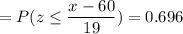 =P( z \leq \displaystyle\frac{x - 60}{19})=0.696