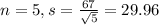 n = 5, s = \frac{67}{\sqrt{5}} = 29.96