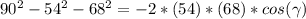 \\ 90^2 - 54^2 - 68^2 = - 2*(54)*(68)*cos(\gamma)