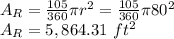 A_R=\frac{105}{360} \pi r^2=\frac{105}{360} \pi 80^2\\A_R = 5,864.31\ ft^2