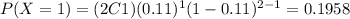 P(X=1)=(2C1)(0.11)^1 (1-0.11)^{2-1}=0.1958