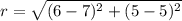 r = \sqrt{(6-7)^2+(5-5)^2}