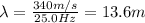 \lambda=\frac{340 m/s}{25.0 Hz}=13.6 m