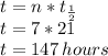t = n * t_{\frac{1}{2}}\\ t = 7 * 21\\t = 147 \thinspace hours