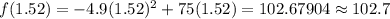 f(1.52)=-4.9(1.52)^2+75(1.52)=102.67904\approx102.7