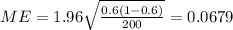 ME= 1.96\sqrt{\frac{0.6 (1-0.6)}{200}}=0.0679