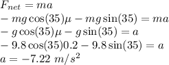 F_{net} = ma\\-mg\cos(35)\mu - mg\sin(35) = ma \\-g\cos(35)\mu - g\sin(35) = a\\-9.8\cos(35)0.2 - 9.8\sin(35) = a\\a =-7.22~m/s^2