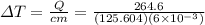 \varDelta T=\frac{Q}{cm}=\frac{264.6}{(125.604)(6\times10^{-3})}