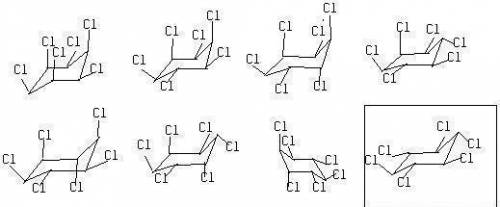 There are 8 diastereomers of1,2,3,4,5,6-hexachlorocyclohexane. draw each in its more stablechair con