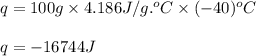 q=100g\times 4.186J/g.^oC\times (-40)^oC\\\\q=-16744J