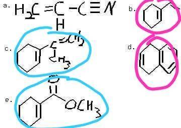 Circle any conjugated portions in the molecules shown in(a - e). if no conjugation exists, write no