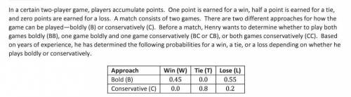 If henry plays both games conservatively (cc), find the probability that henry will earn a. 2 points