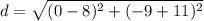 d=\sqrt{(0-8)^{2}+(-9+11)^{2}}