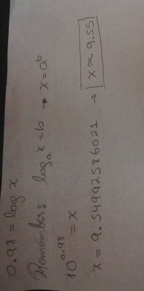 Solve this equation for x. round your answer to the nearest hundredth. 0.98 = log x