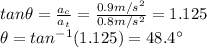 tan \theta =\frac{a_c}{a_t}=\frac{0.9 m/s^2}{0.8 m/s^2}=1.125\\\theta=tan^{-1}(1.125)=48.4^{\circ}