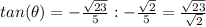 tan(\theta)=-\frac{\sqrt{23}}{5}:-\frac{\sqrt{2}}{5}=\frac{\sqrt{23}}{\sqrt{2}}