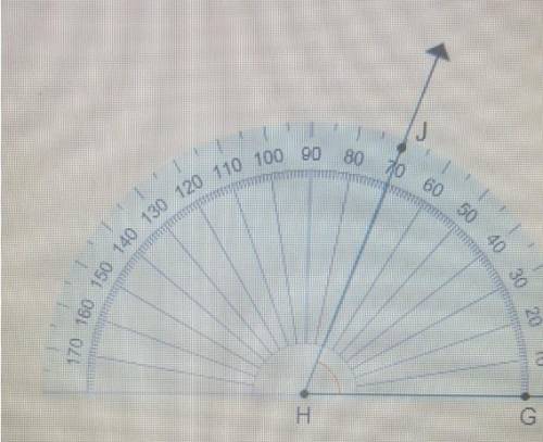 What is the measure of anglejhg?  a protractor shows line j h g. an arc represents the angle between