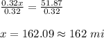\frac{0.32x}{0.32}=\frac{51.87}{0.32}\\\\x=162.09\approx162\ mi