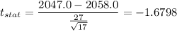 t_{stat} = \displaystyle\frac{ 2047.0 - 2058.0}{\frac{27}{\sqrt{17}} } = -1.6798