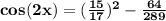 \mathbf{cos(2x) =(\frac{15}{17})^2 - \frac{64}{289}}