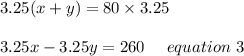 3.25(x+y)=80\times 3.25\\\\3.25x-3.25y = 260 \ \ \ \ equation \ 3