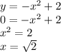 y = -x ^ 2 + 2\\0 = -x ^ 2 + 2\\x ^ 2 = 2\\x = \sqrt {2}