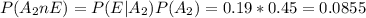 P(A_2 n E)= P(E|A_2) P(A_2) = 0.19*0.45=0.0855