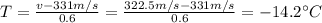 T=\frac{v-331 m/s}{0.6}=\frac{322.5 m/s-331 m/s}{0.6}=-14.2^{\circ}C