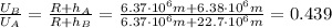 \frac{U_B}{U_A}=\frac{R+h_A}{R+h_B}=\frac{6.37\cdot 10^6 m+6.38\cdot 10^6 m}{6.37\cdot  10^6 m+22.7\cdot 10^6 m}=0.439
