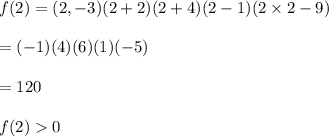 f(2)=(2,-3)(2+2)(2+4)(2-1)(2\times2-9)\\\\=(-1)(4)(6)(1)(-5)\\\\=120\\\\f(2)0