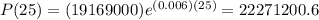 P(25)=(19169000)e^{(0.006)(25)}=22271200.6