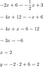 -2x+6=-\dfrac{1}{2}x+3\\ \\-4x+12=-x+6\\ \\-4x+x=6-12\\ \\-3x=-6\\ \\x=2\\ \\y=-2\cdot 2+6=2