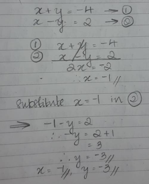 Solve by elimination  x+y=-4 x-y=2