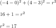 (-4-0)^2+(4-3)^2=r^2\\\\16+1 = r^2\\\\r^2 = 17
