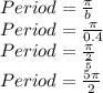 Period=\frac{\pi}{b}\\Period=\frac{\pi}{0.4}\\Period=\frac{\pi}{\frac{2}{5}}\\Period = \frac{5 \pi}{2}