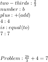 two-thirds:  \frac{2}{3} \\ number: b \\ plus: + (add) \\ 4: 4 \\ is: equal (to) \\ 7:7 \\ \\ \\ \\ Problem:  \frac{2b}{3} + 4 = 7